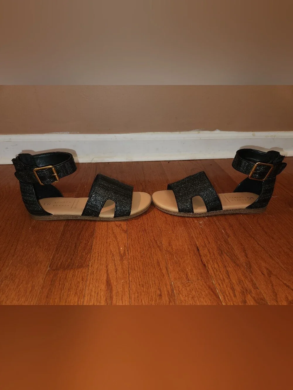 LC Lauren Conrad Black Textured Ankle-Strap Sandals
